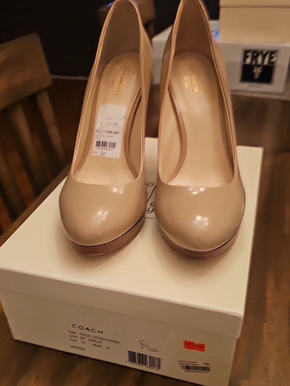 Coach Patent Leather Platform Pumps in Nude Beige